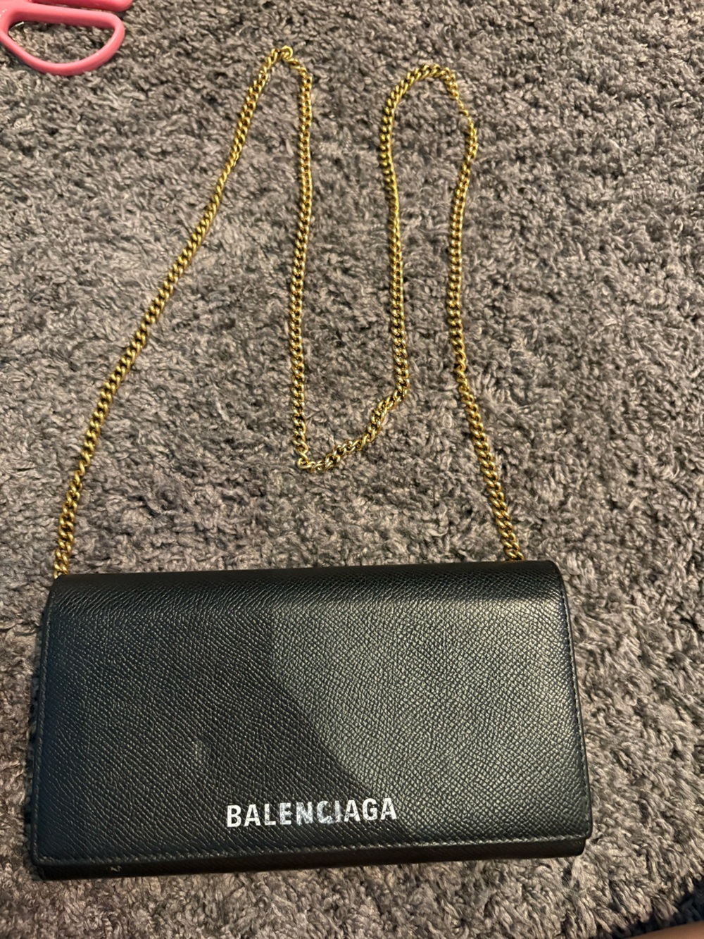 Balenciaga Black Leather Crossbody Wallet with Gold Chain